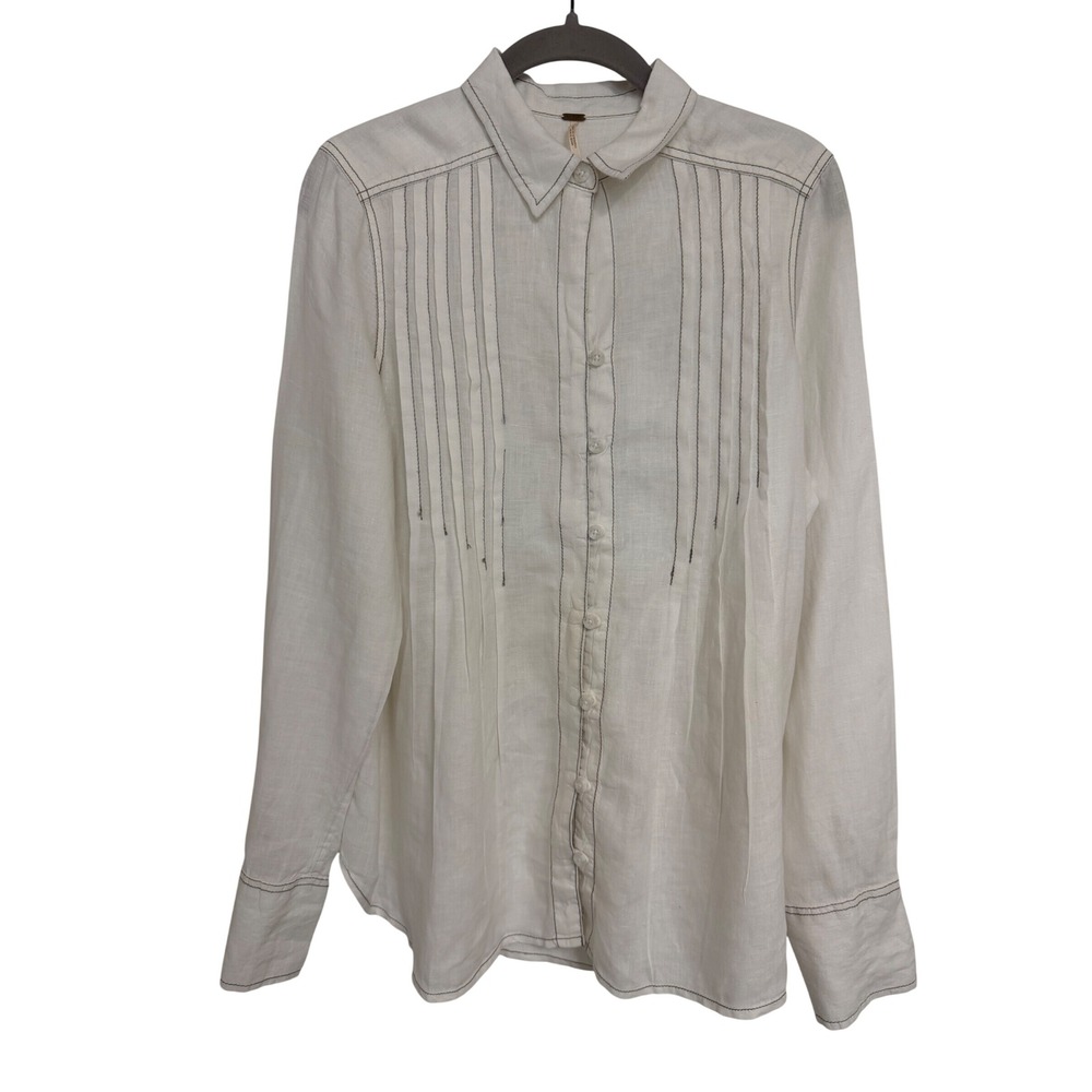 Free People White Linen Pintuck Button Down Shirt Contrast Stitch Small